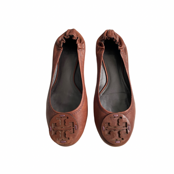 TORY BURCH Minnie Travel Ballet Flat Pumps Leather Brown SIZE 41