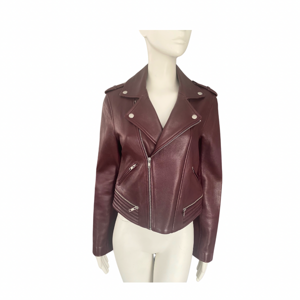 MAJE Basalti Leather Biker Jacket Burgundy SIZE 14