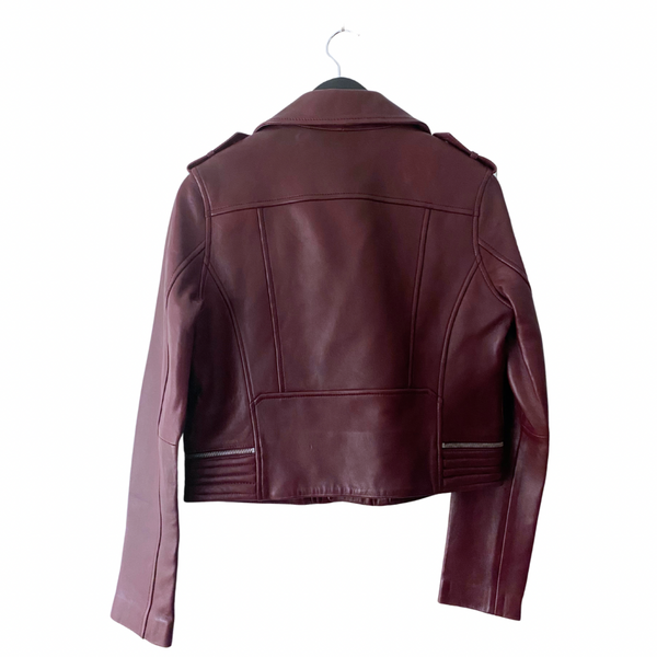 MAJE Basalti Leather Biker Jacket Burgundy SIZE 14