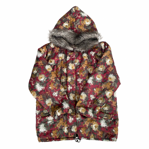 Vintage Floral Puffer Coat Hooded Burgundy SIZE 14