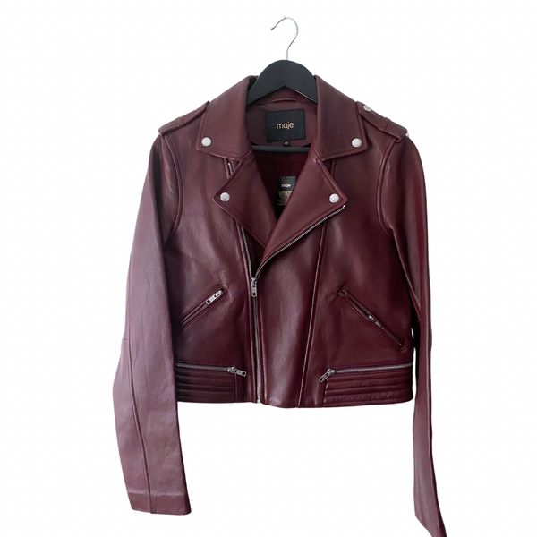 MAJE Basalti Leather Biker Jacket Burgundy SIZE 14