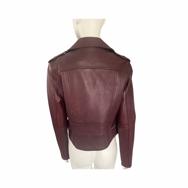 MAJE Basalti Leather Biker Jacket Burgundy SIZE 14