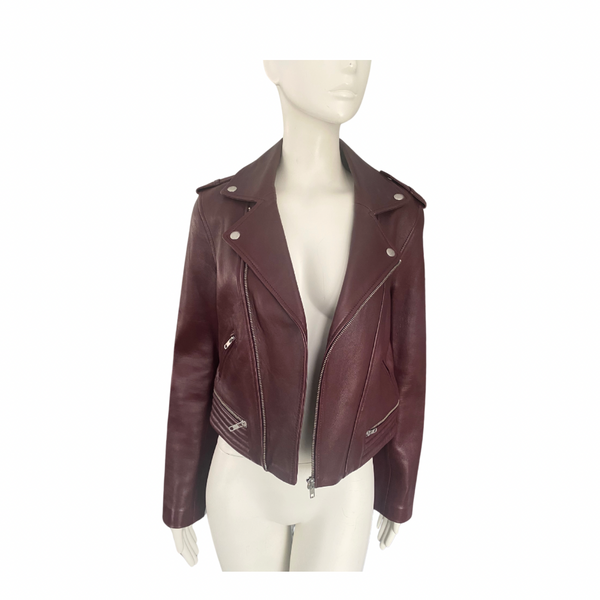 MAJE Basalti Leather Biker Jacket Burgundy SIZE 14