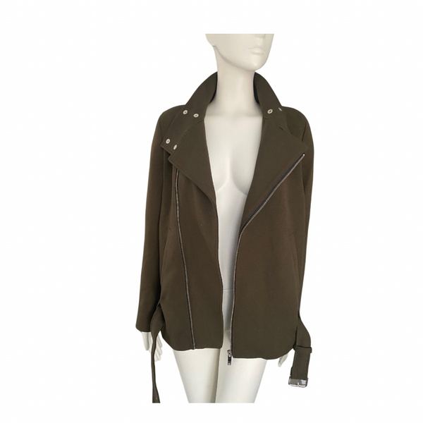 ZARA Longline Biker Jacket Khaki Green SIZE M