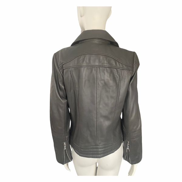 MICHAEL KORS Leather Biker Jacket Grey SIZE M