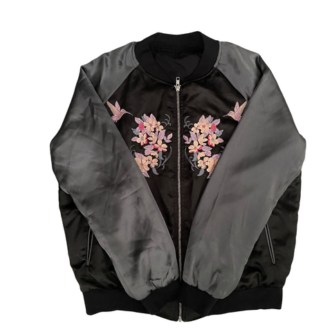 Satin Embroidered Bomber Jacket Black Grey SIZE L