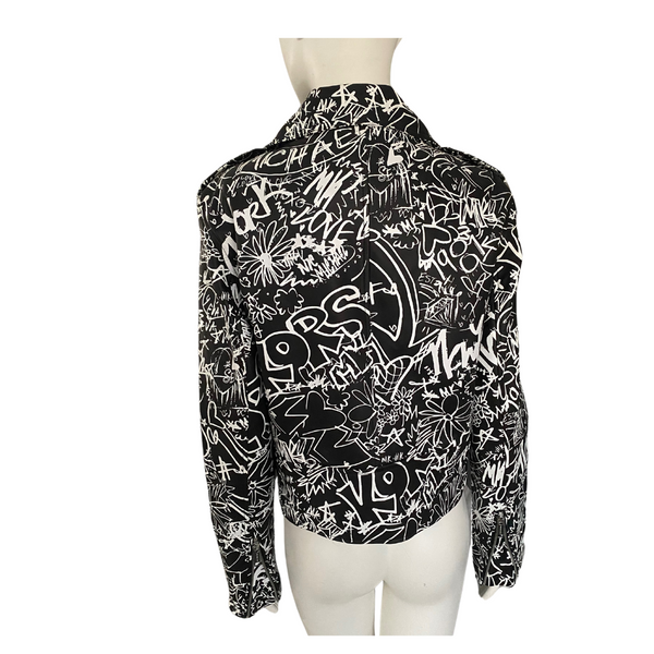 MICHAEL KORS Graffiti Leather Biker Jacket Black White SIZE L