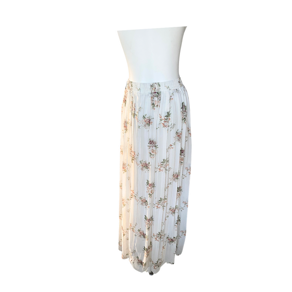 Floral Pleated Midi Skirt Chiffon Cream SIZE L