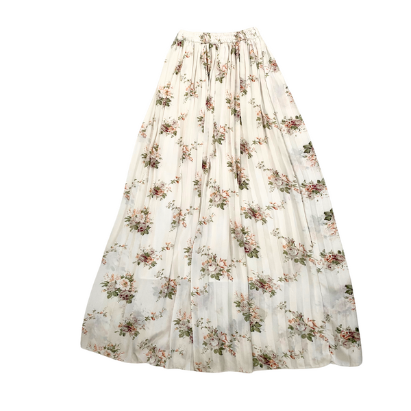 Floral Pleated Midi Skirt Chiffon Cream SIZE L