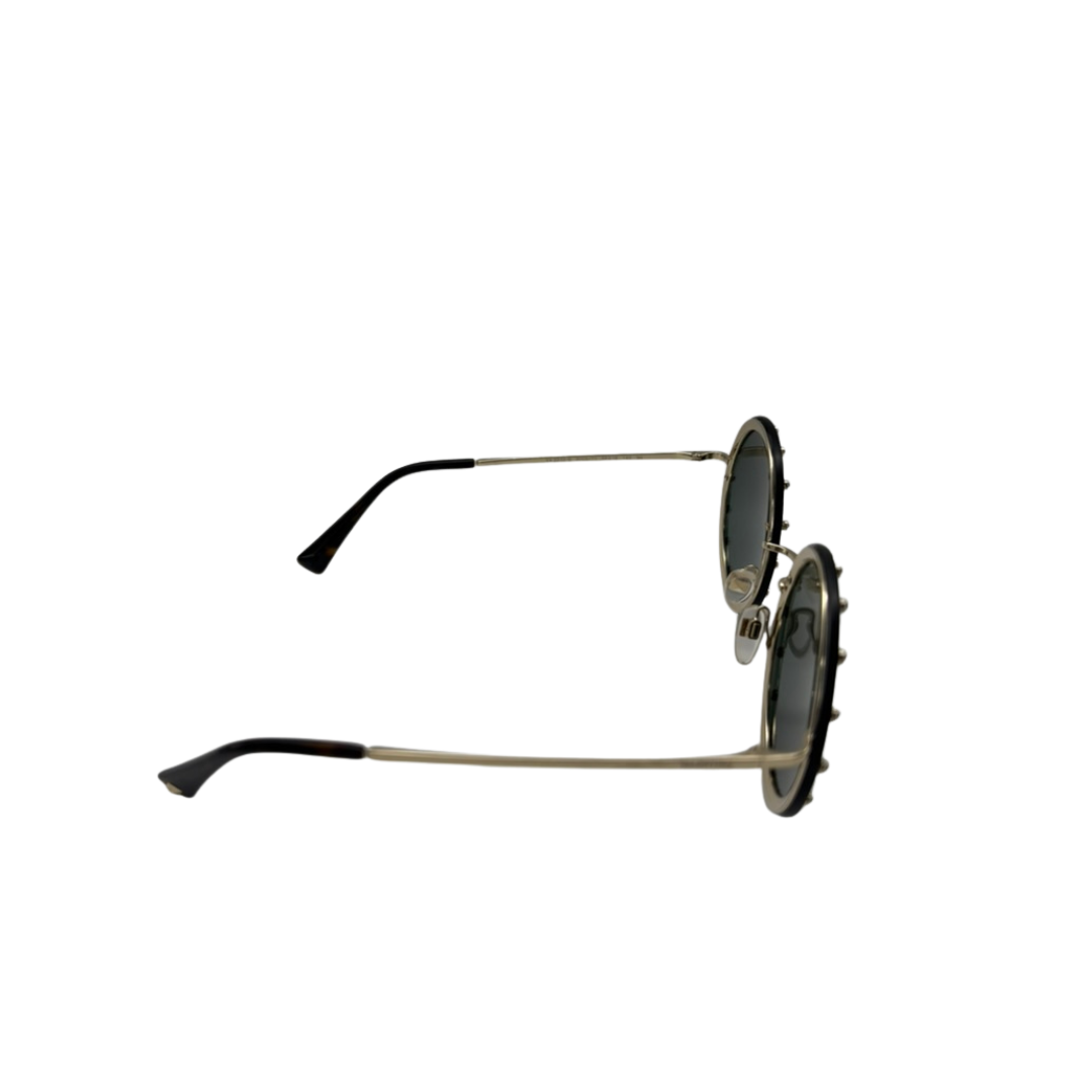 Round sunglasses with black frames and dark lenses on a white background