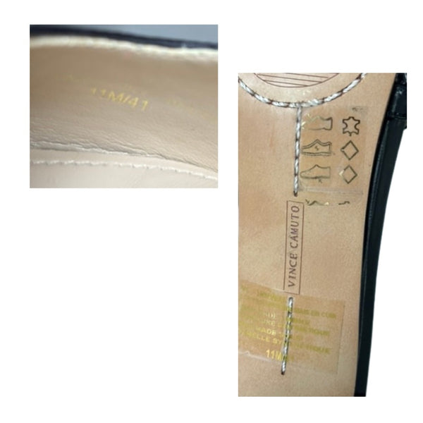 Close-up of a Vince Camuto shoe with branding and material details.