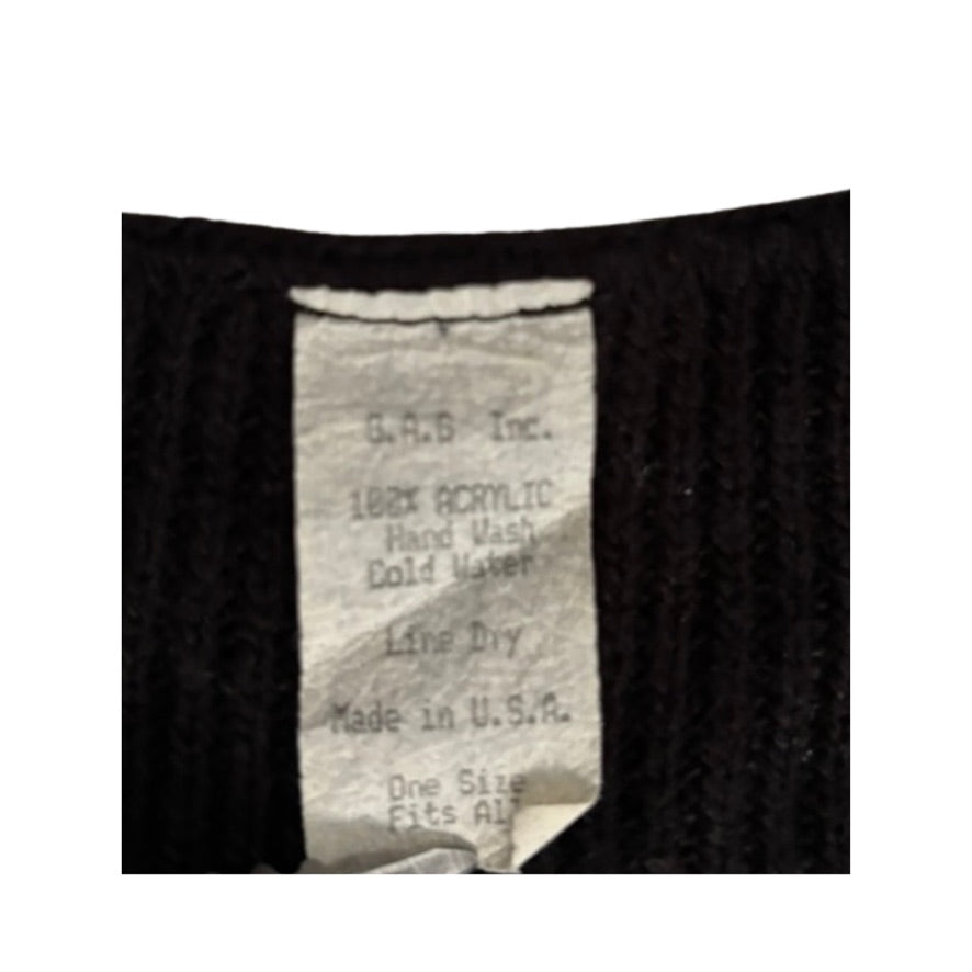 Clothing label with text on a black background