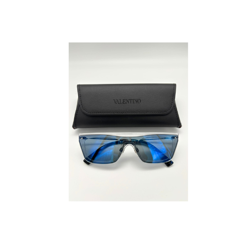 Blue sunglasses with a black Valentino case on a white background