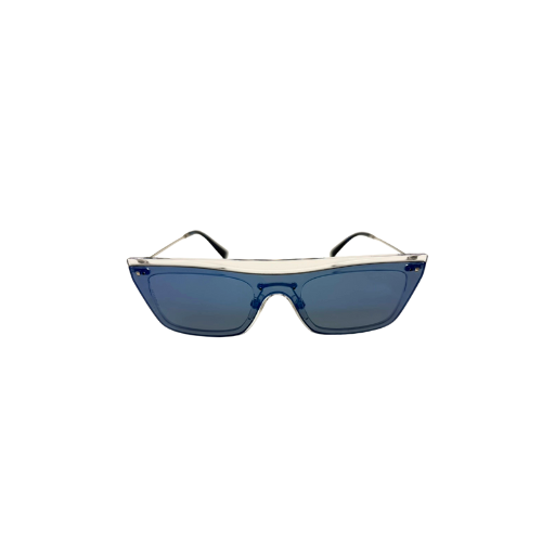 Sunglasses with blue lenses and gold frame on a white background