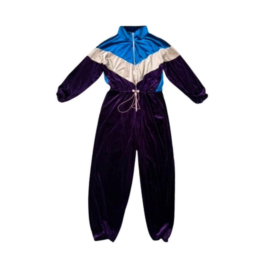 Vintage tracksuit with blue, beige, and purple colors on a white background