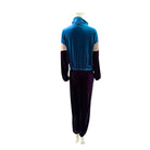 Two-tone blue and black jumpsuit on a mannequin against a white background