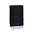 Navy embroidered scarf with intricate patterns on a white background