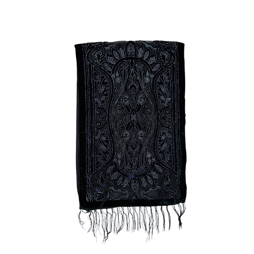 Navy embroidered scarf with intricate patterns on a white background