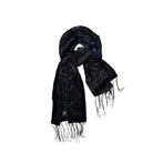 Navy patterned scarf with tassels on a white background