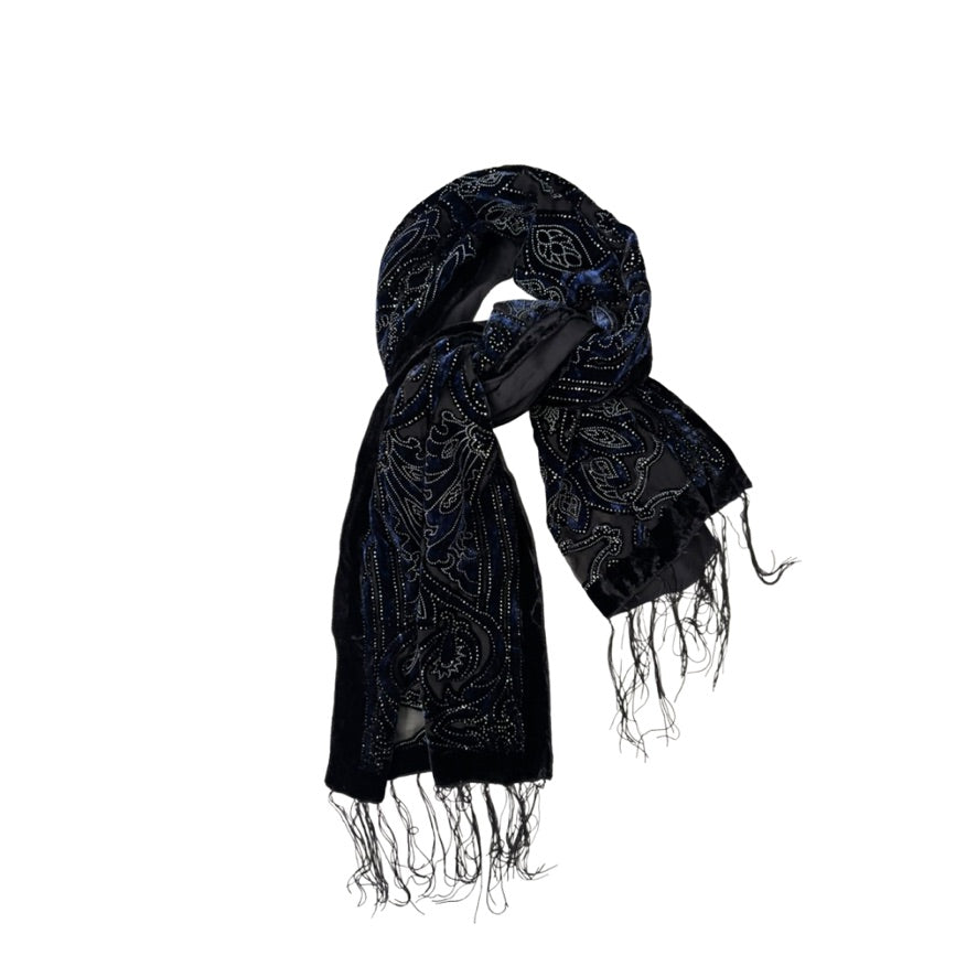 Navy patterned scarf with tassels on a white background
