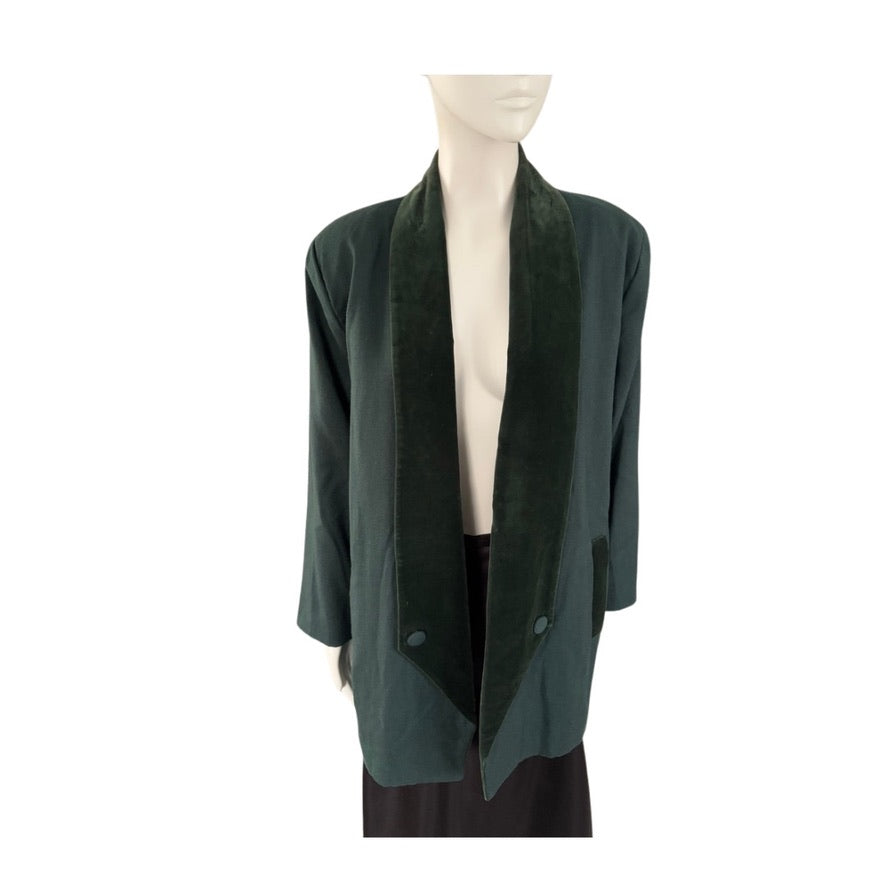 Dark green blazer on a mannequin against a white background