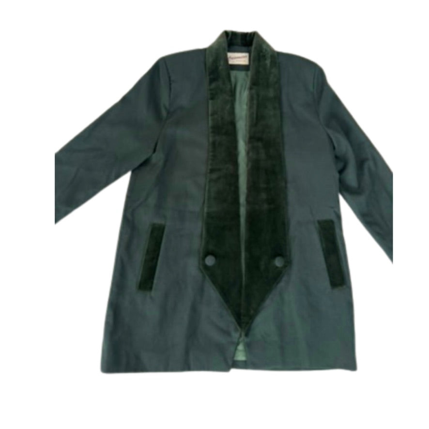 Green coat with velvet trim on a white background