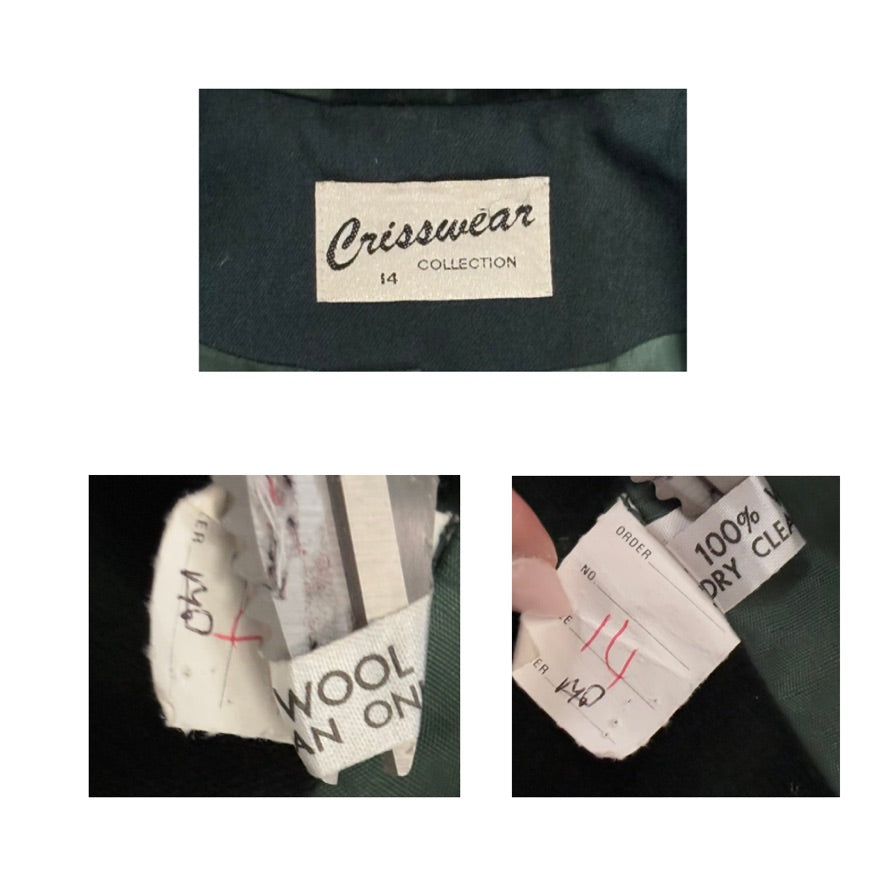 Close-up of a Crisswear label on clothing with tags underneath.