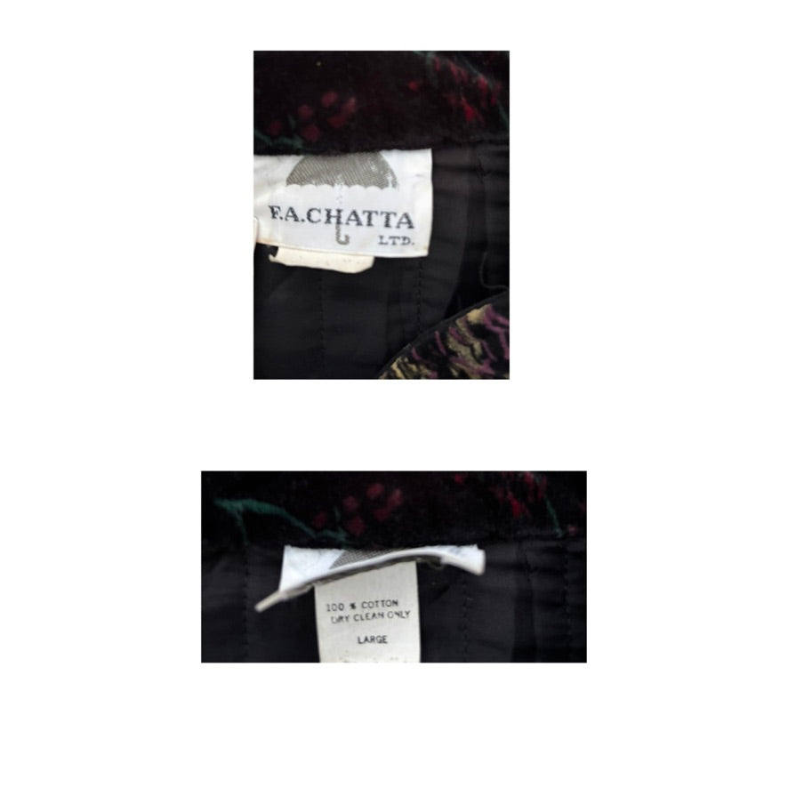 Close-up of a label on a garment with 'F.A. Chatta' branding.