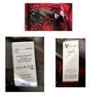 Two labels on clothing with visible brand names, one on a red and black patterned fabric and the other on plain fabric.