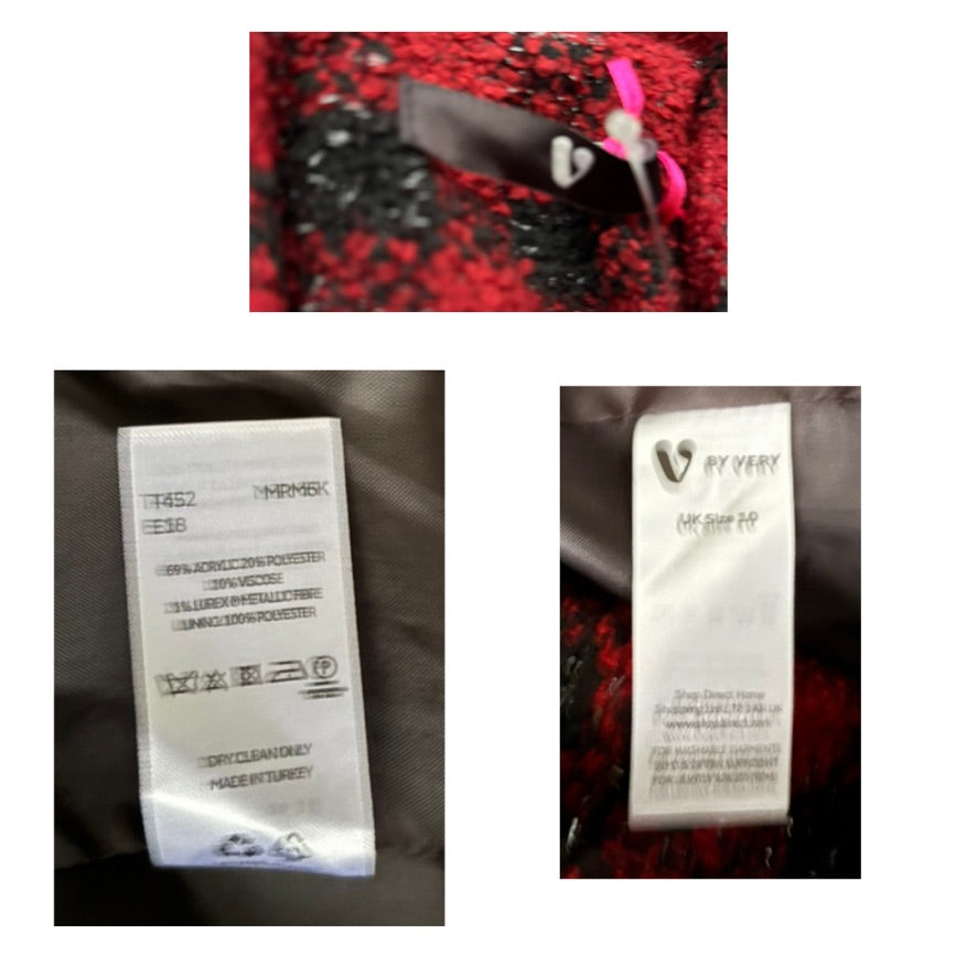 Two labels on clothing with visible brand names, one on a red and black patterned fabric and the other on plain fabric.