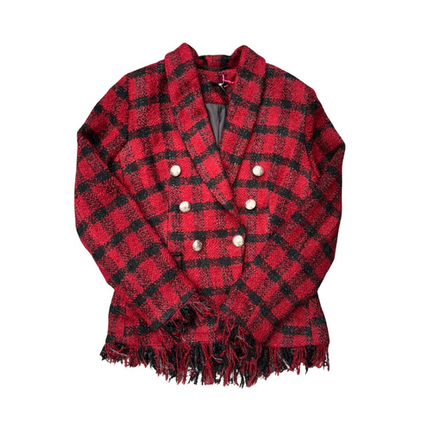 Red and black plaid scarf with white buttons on a white background
