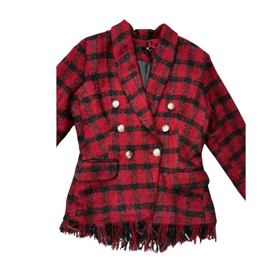 Red and black plaid jacket with frayed hem on a white background