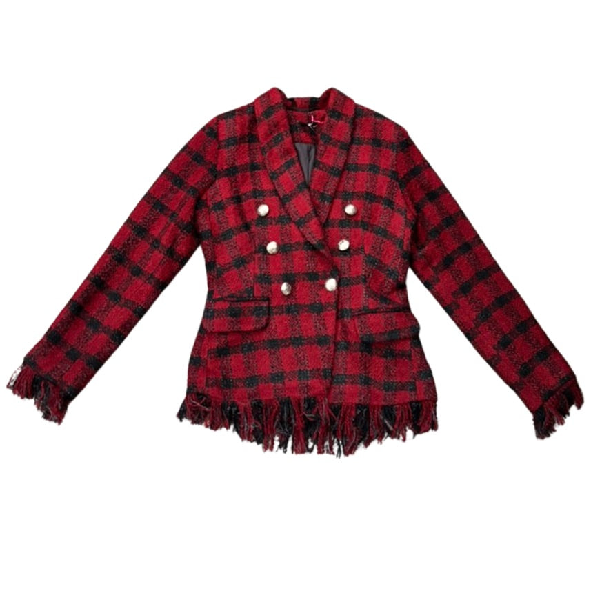 Red and black plaid jacket with frayed hem on a white background