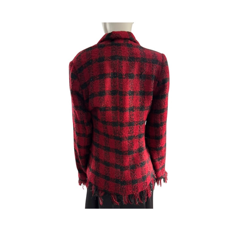 Red and black plaid shirt on a mannequin against a white background