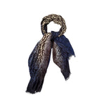 Baroque print scarf with blue gradient on a white background