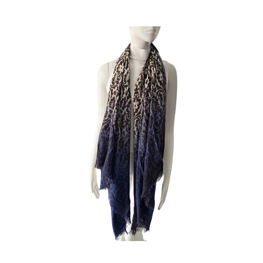 Navy blue scarf with baroque print draped over a mannequin on a white background