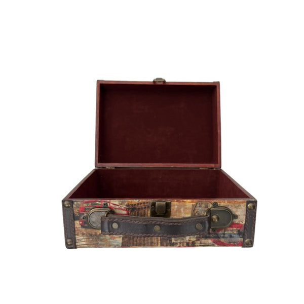 Open vintage-style suitcase with multicolored pattern on a white background