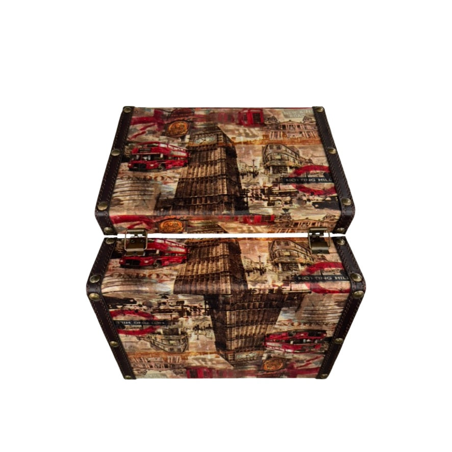 Decorative wooden box with a London-themed design on a white background