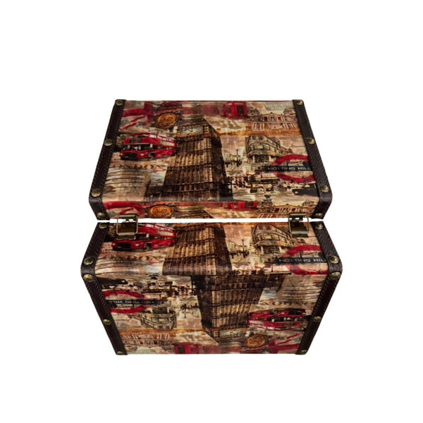 Decorative wooden box with a London-themed design on a white background