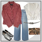 Collage of a pink jacket, white blouse, blue jeans, silver loafers, and patterned clutch on a light gray background.
