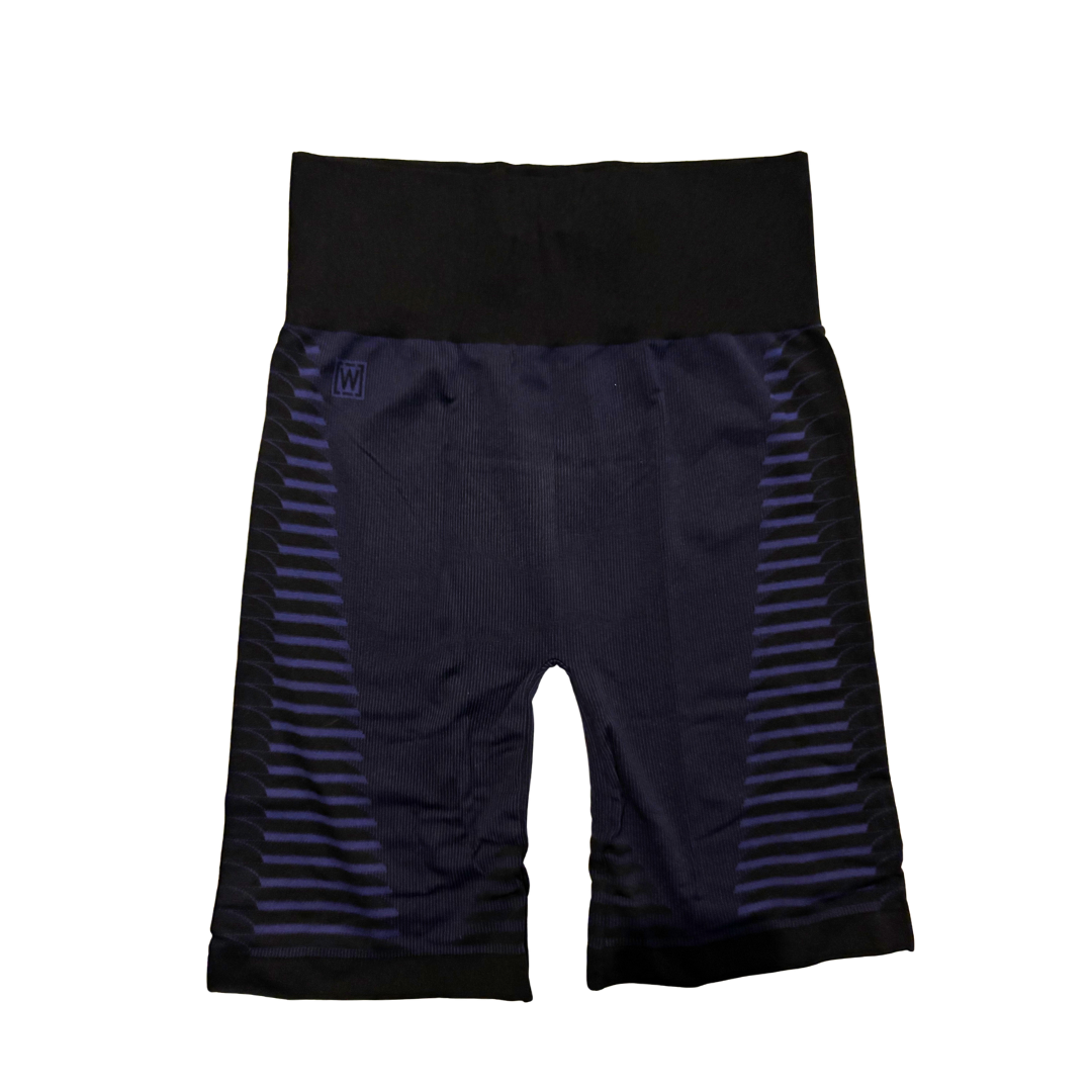 Black shorts with blue stripes on a white background