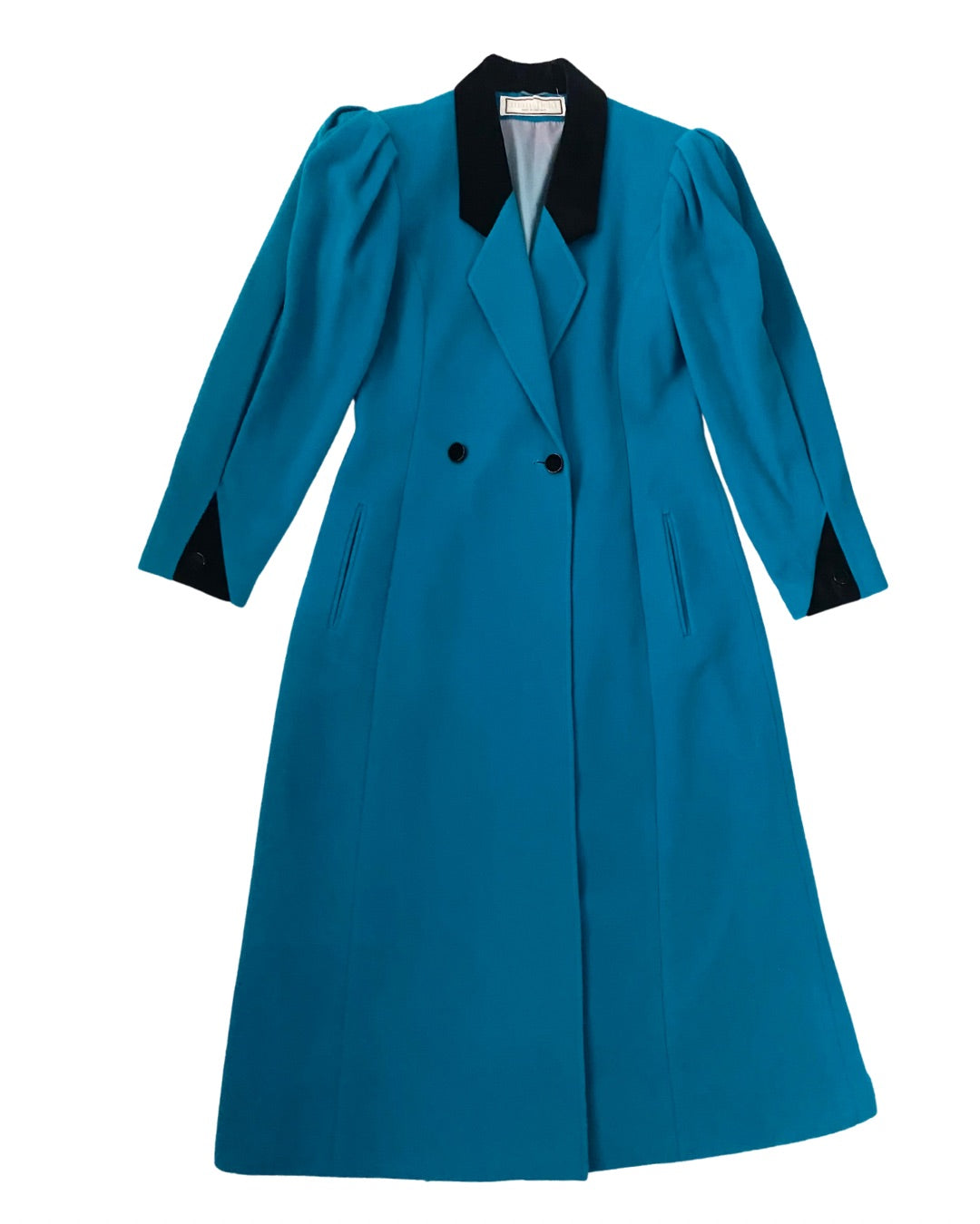 Blue coat with black collar and buttons on a white background