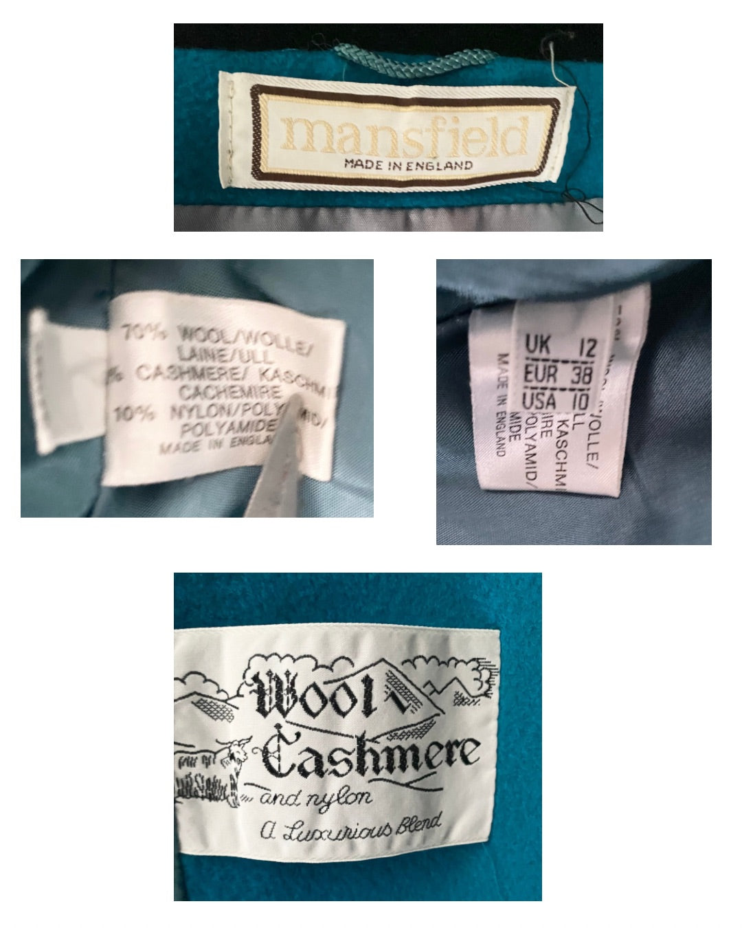 Collage of clothing labels with 'mansfield' and material information on a blue background