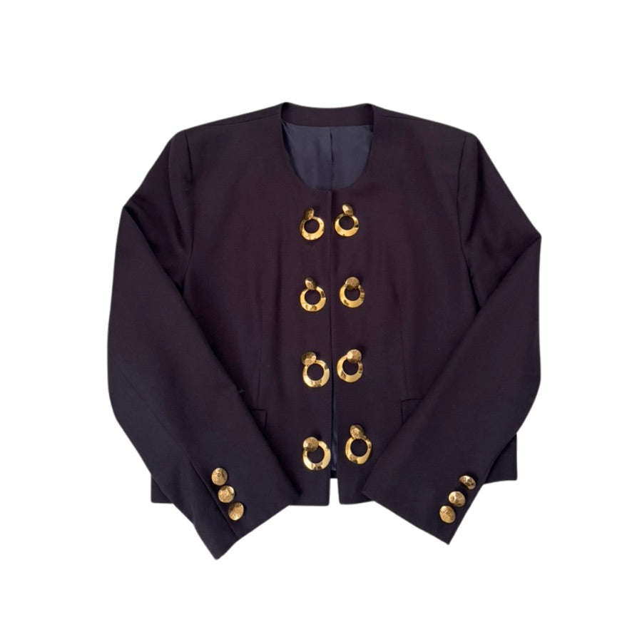navy jacket with gold buttons on a white background