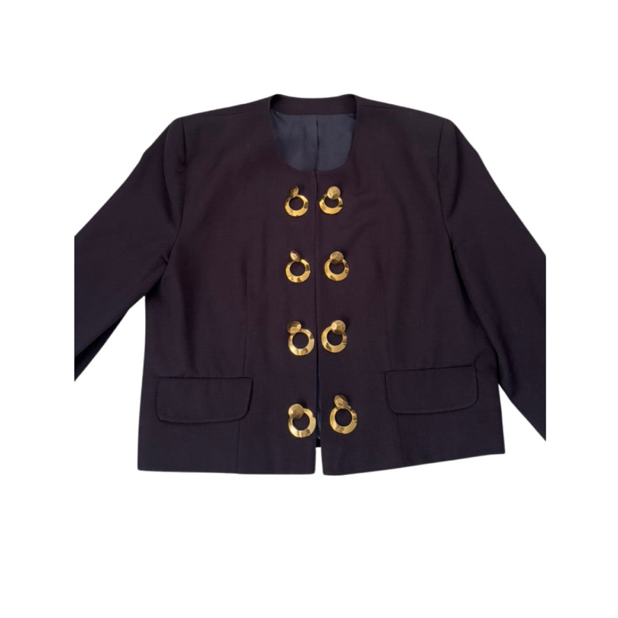 Navy jacket with gold buttons on a white background