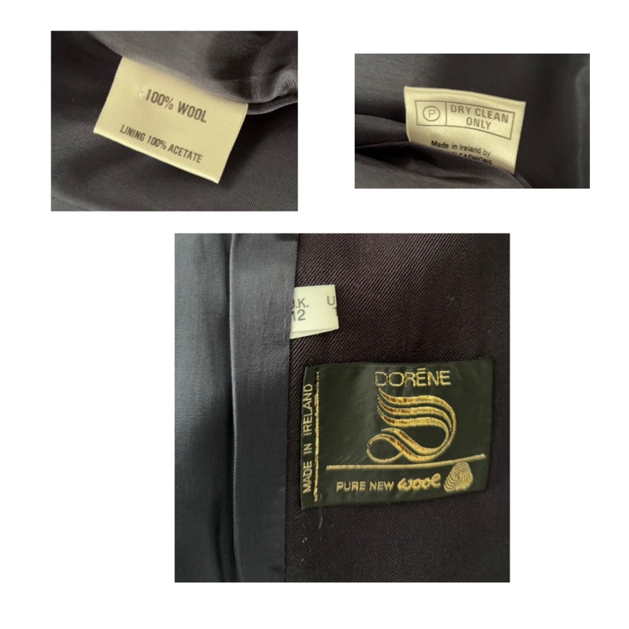 Close-up of a label on a garment with text and branding details.