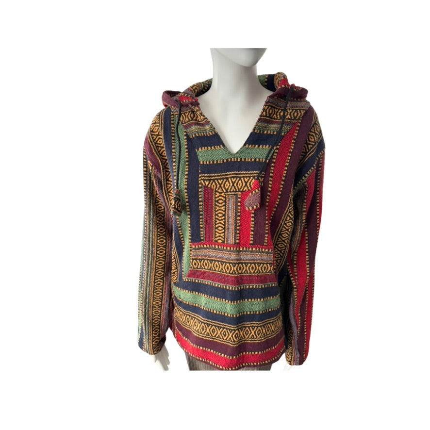 Multicolored patterned hoodie on a mannequin against a white background