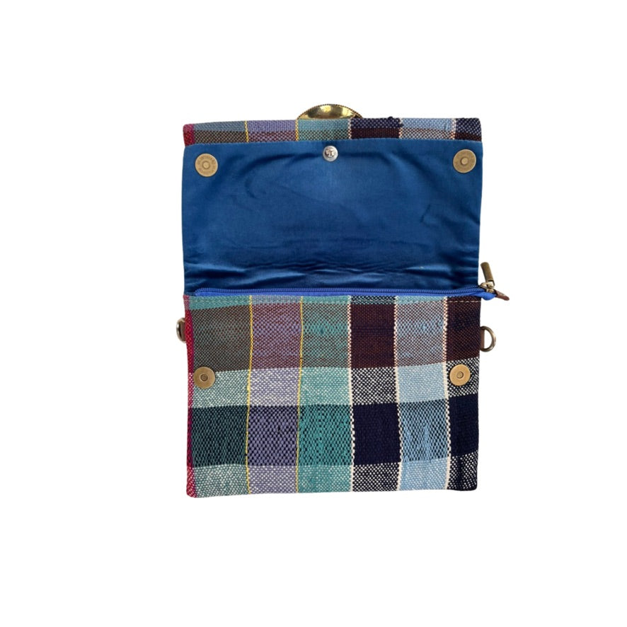 Plaid pouch with blue interior on a white background