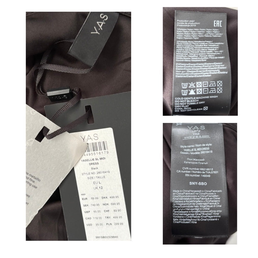 Close-up of YAS clothing labels with product details and care instructions.