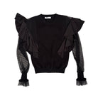 Black sweater with ruffled sleeves on a white background